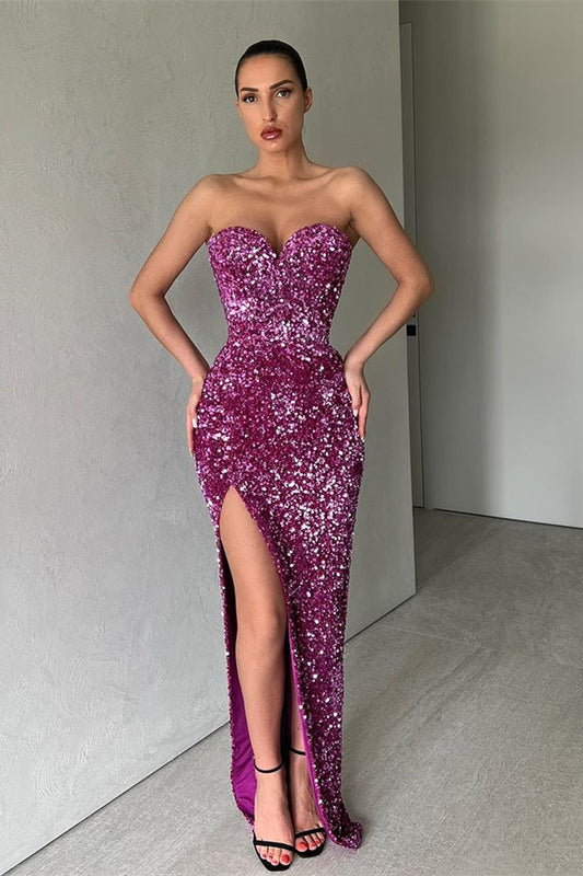 Purple Sweetheart Mermaid Evening Dress with Sequins and Split