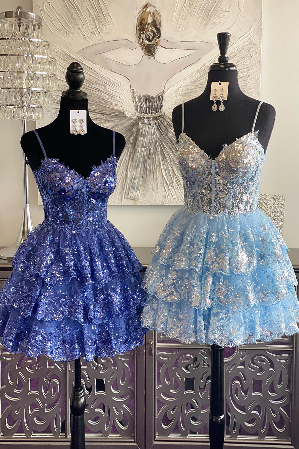 Sparkly Blue Corset Spaghetti Straps A Line Lace Short Homecoming Dress