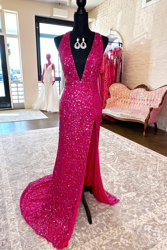 Sparkly Fuchsia Mermaid Halter Backless Long Sequins Prom Dress with Slit