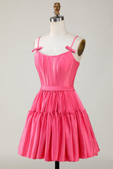 Fuchsia Spaghetti Straps Lace-Up Back A-Line Short Satin Homecoming Dress