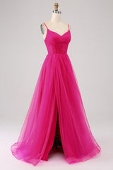 Simple Hot Pink Corset A-Line Long Tulle Prom Dress with Slit