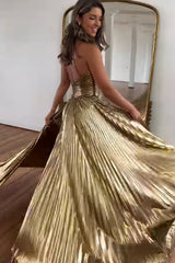 Glitter Golden A Line Backless Long Prom Dress With Slit