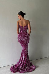 Purple Sequins Mermaid Long Evening Dress Spaghetti Strap