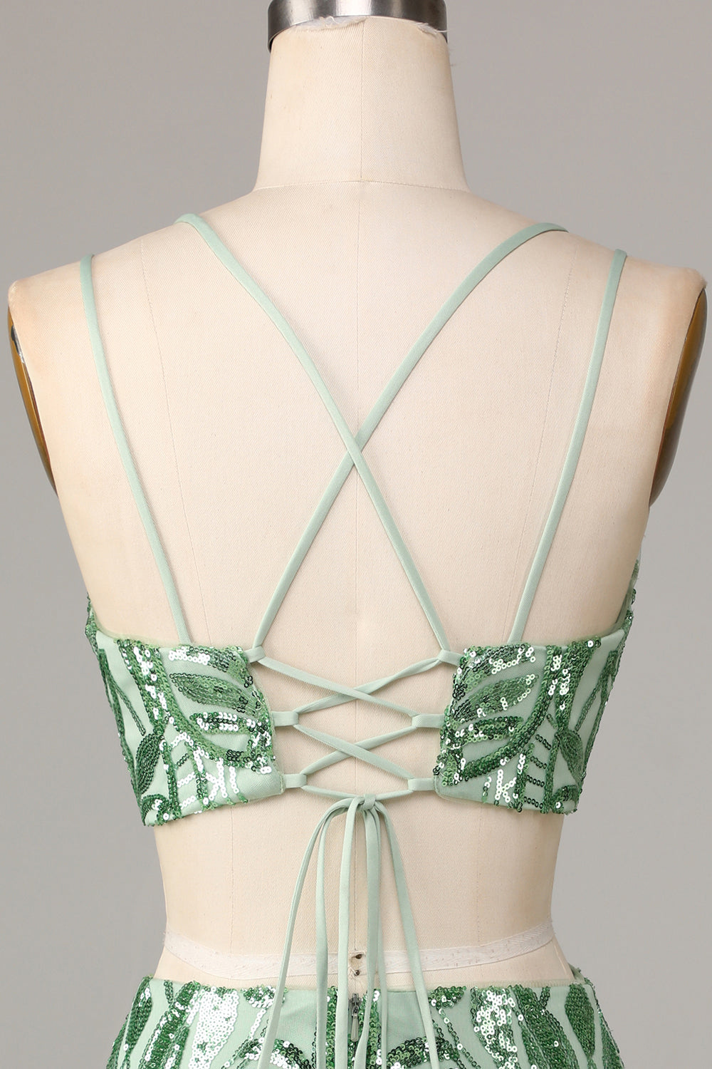 Two Piece Spaghetti Straps Green Sequins Short Homecoming Dress