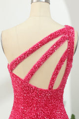 Hot Pink Open Sequins One Shoulder Tight Homecoming Dress