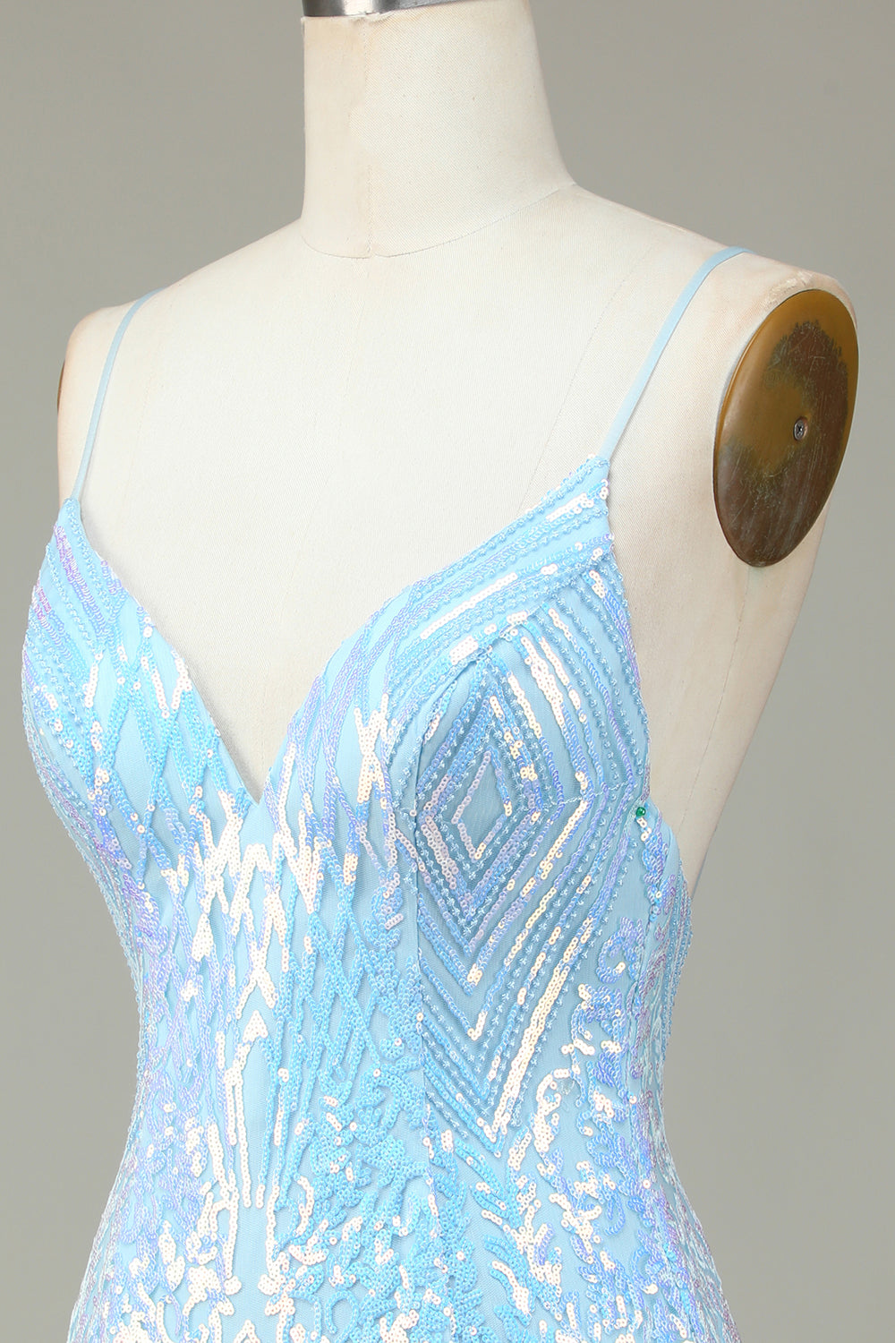 Sparkly Sheath Spaghetti Straps Blue Sequins Short Homecoming Dress with Backless