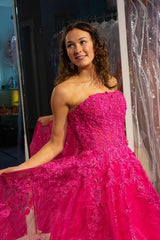 Fuchsia A Line Strapless Long Prom Dress With Embroidery