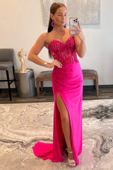 Sparkly Hot Pink Corset Long Sheath Prom Dress with Slit