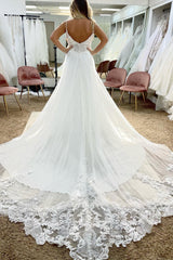 Delicate Tulle Spaghetti Straps White Long Boho Wedding Dress with Lace