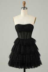 Black A Line Strapless Open Back Corset Homecoming Dress