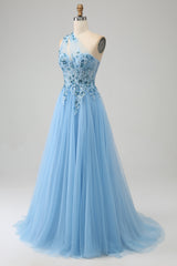 Light Blue A Line Long Corset Prom Dress With Appliques