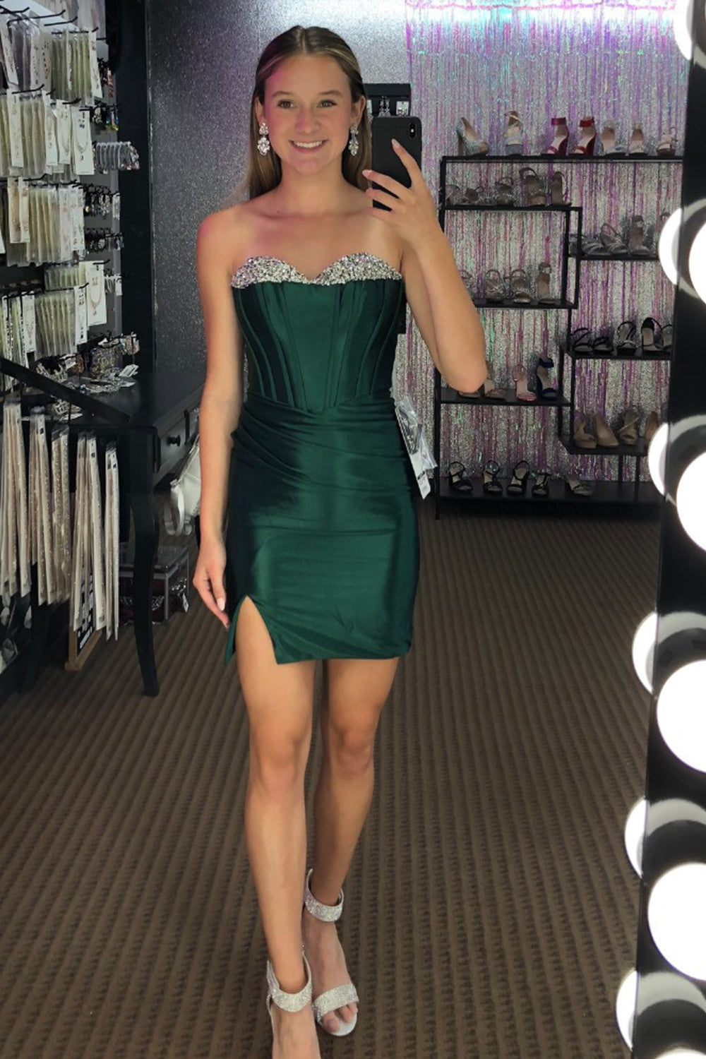 Sparkly Dark Green Tight Short Satin Homecoming Dress