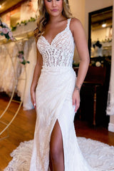 Chic White V-Neck Sheath Long Lace Wedding Dress with Slit