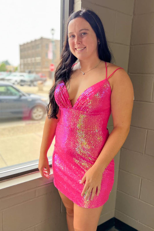 Sparkly Fuchsia Sequins Backless Tight Short Homecoming Dress