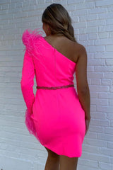 Sparkly Fuchsia One Shoulder Sequined Tight Short Homecoming Dress with Feathers