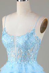 Blue Glitter Cute Homecoming Dress with Appliques