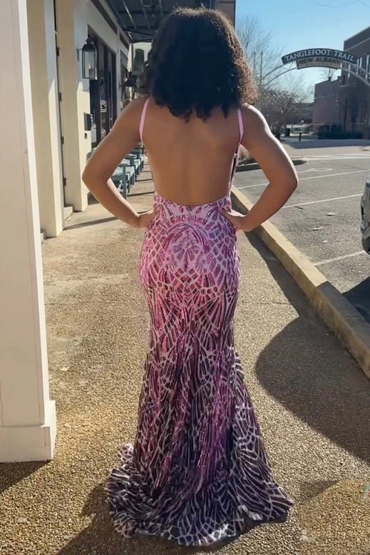 Sparkly Hot Pink Sequined Mermaid Backless Long Prom Dress