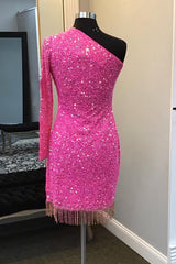 Sparkly Hot Pink Sequin Beaded Cut Out Tight Short Homecoming Dress with Fringes