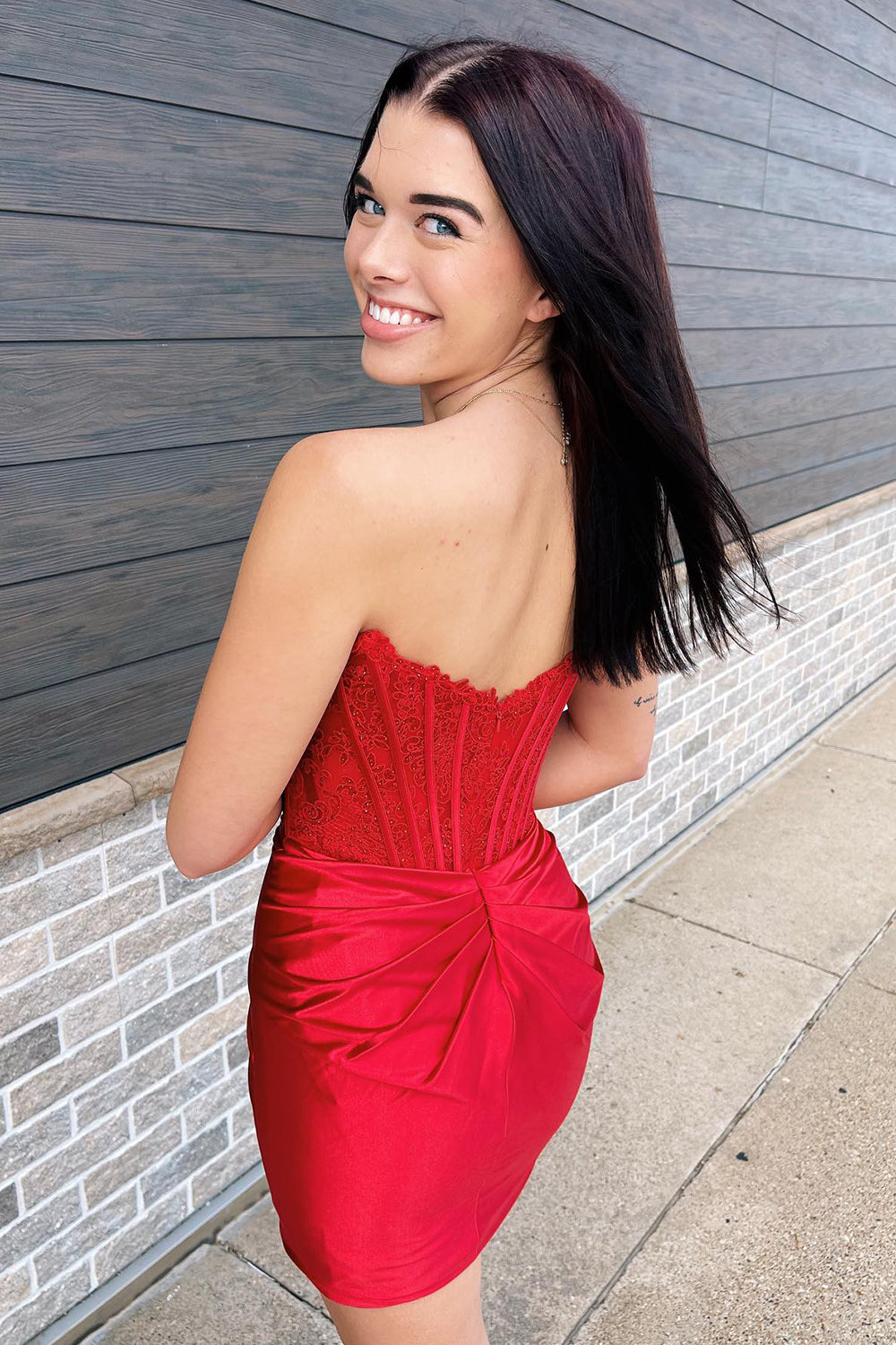 Red Corset Satin Tight Short Homecoming Dress with Lace Top