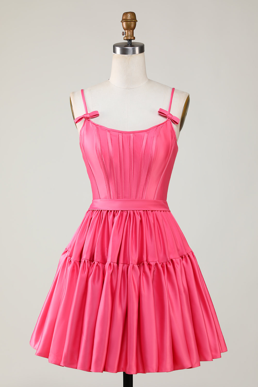 Fuchsia Spaghetti Straps Lace-Up Back A-Line Short Satin Homecoming Dress