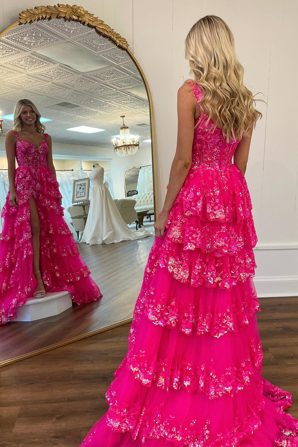 Sparkly Fuchsia Tiered Long Lace Prom Dress with Slit