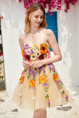 Champagne Strapless Homecoming Dress with 3D Flowers