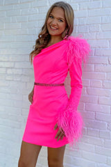 Sparkly Fuchsia One Shoulder Sequined Tight Short Homecoming Dress with Feathers