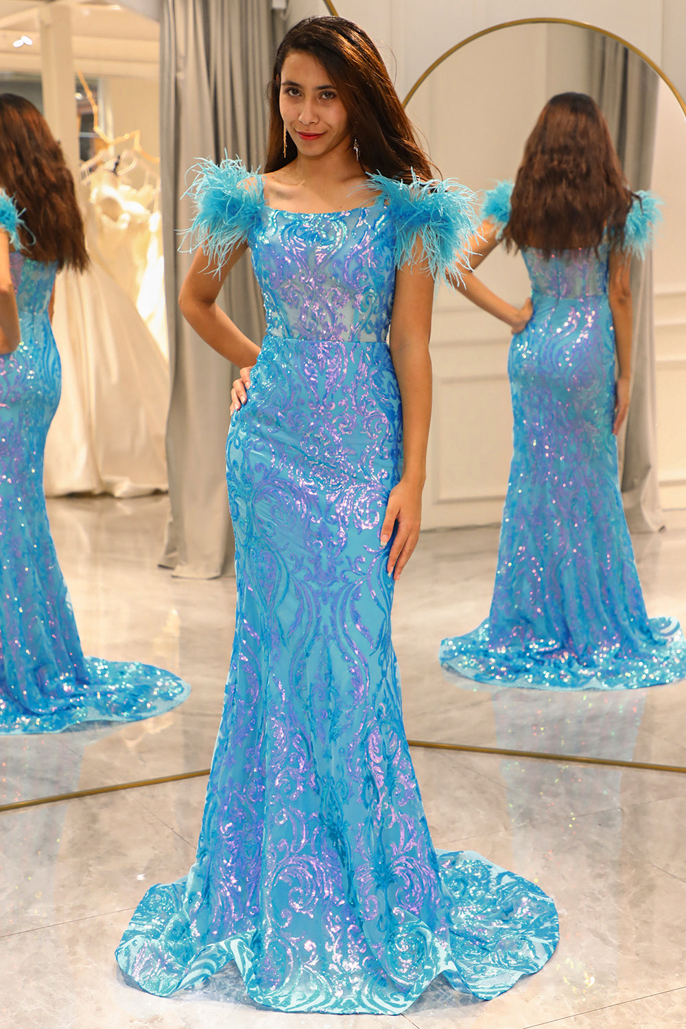 Shiny Light Blue Mermaid Long Prom Dress With Feather