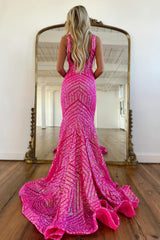 Fuchsia Deep V Neck Sequin Mermaid Prom Dress