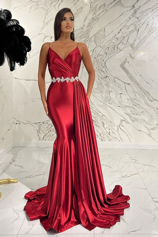 Elegant Red Spaghetti-Strap Deep V-Neck Mermaid Evening Dress with Belt Ruffles