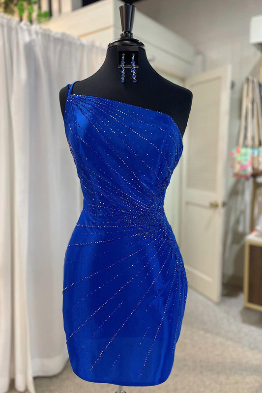 Sparkly Royal Blue Sequined One Shoulder Tight Short Homecoming Dress with Appliques