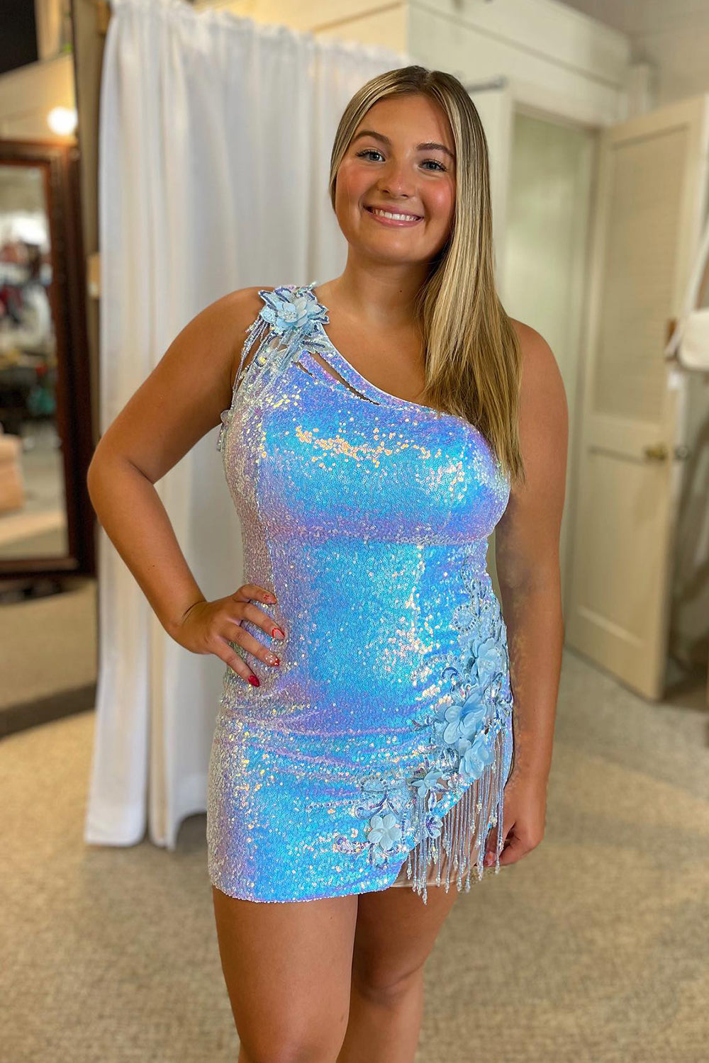 Sparkly Light Blue Sequin Fringed Floral Tight Short Homecoming Dress