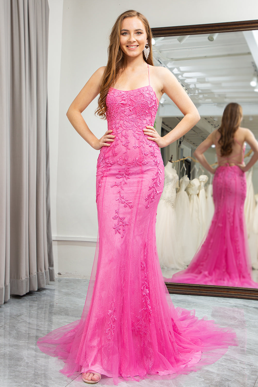 Fuchsia Mermaid Spaghetti Straps Backless Long Prom Dress With Appliques