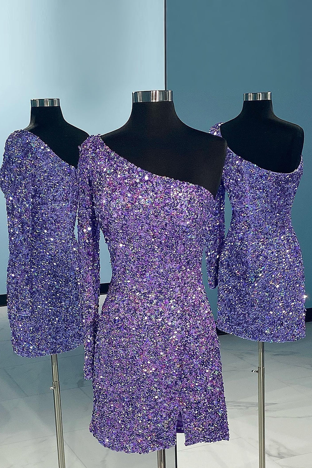 One Shoulder Glitter Sequins Homecoming Dress