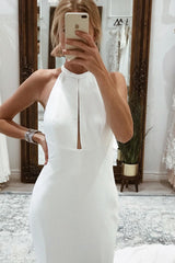 Effortless Simple White Halter Open Back Long Wedding Dress