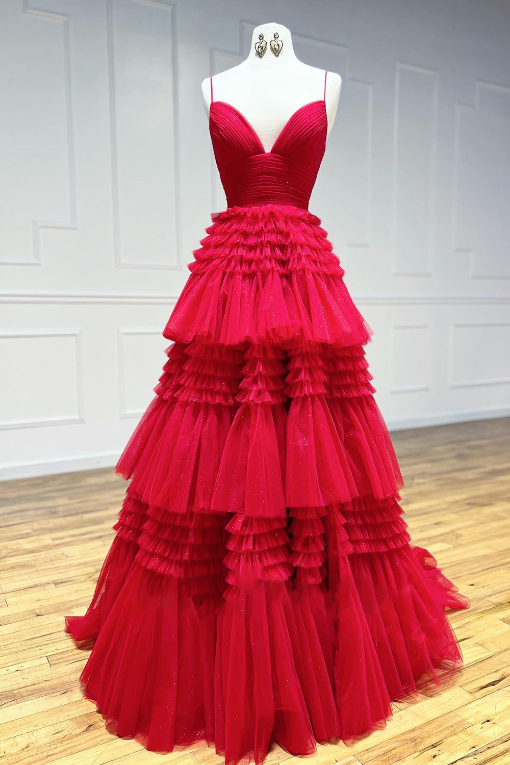 Fuchsia Tulle Spaghetti Straps Long Prom Dress