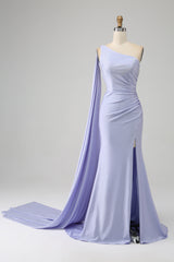 Sparkly Lilac One Shoulder Watteau Train Long Prom Dress with Slit