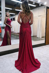 Sparkly Dark Red Spaghetti Straps Sheath Long Prom Dress with Slit