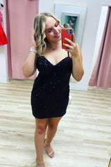 Sparkly Black Spaghetti Straps Fringed Tight Short Homecoming Dress