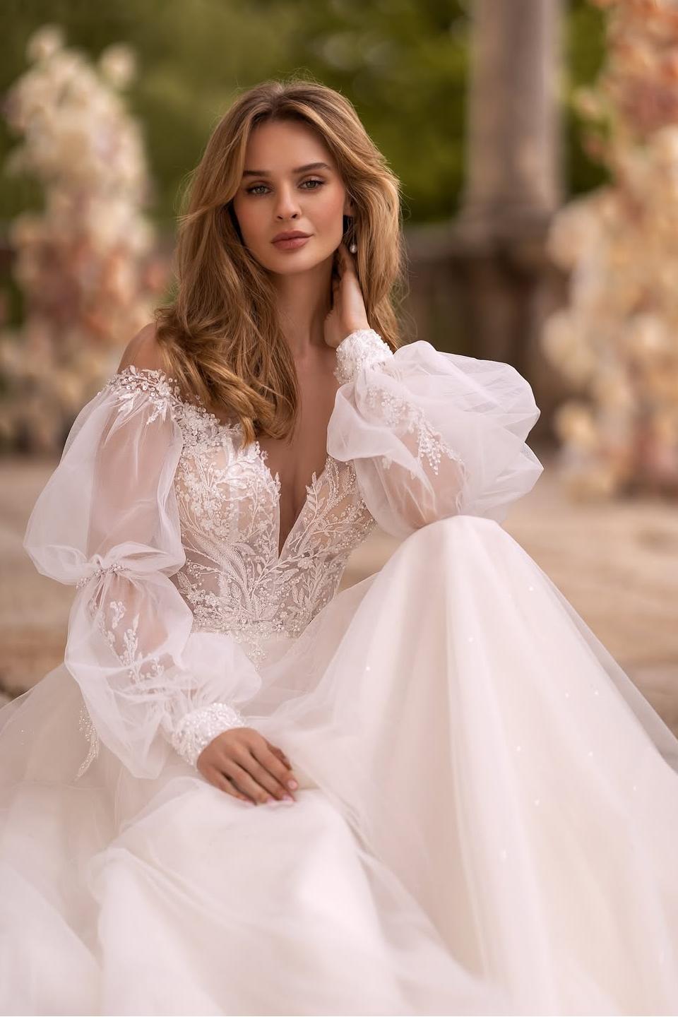 A Line Wedding Dress Long Sleeve Off the Shoulder Bridal Gown With Lace Appliques