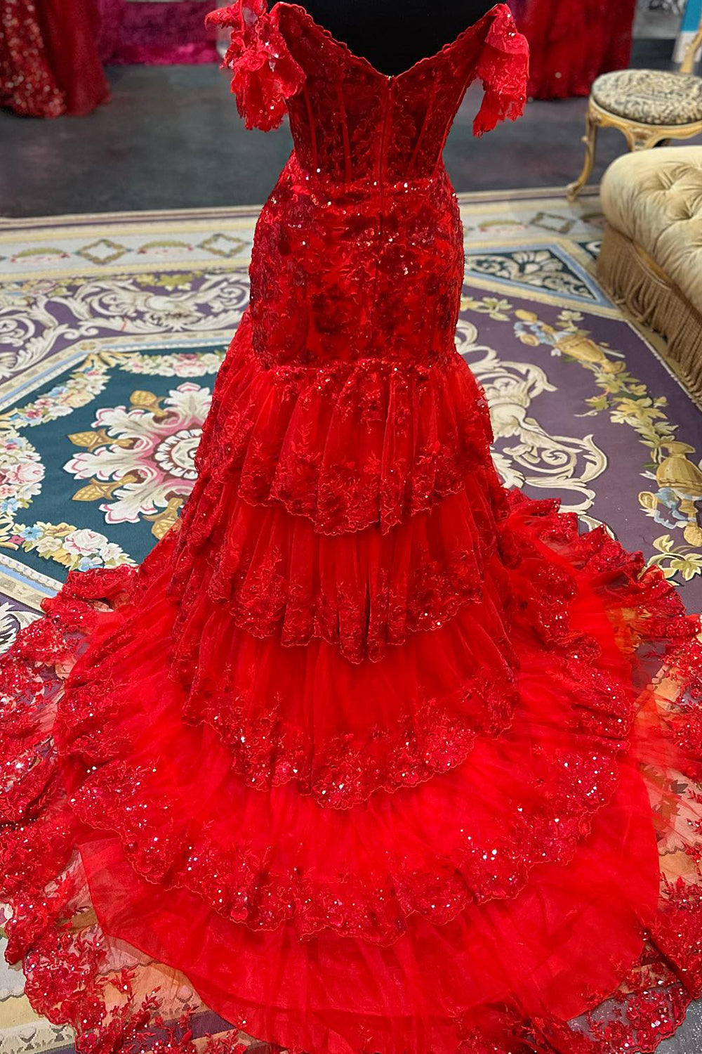 Red Off The Shoulder Tiered Prom Dress