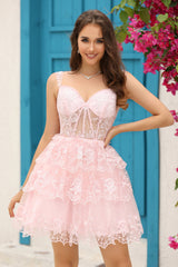 Blue Corset A-Line Short Homecoming Dress with Lace