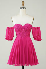 Sparkly Fuchsia Lace-Up Back A-Line Short Homecoming Dress with Lace