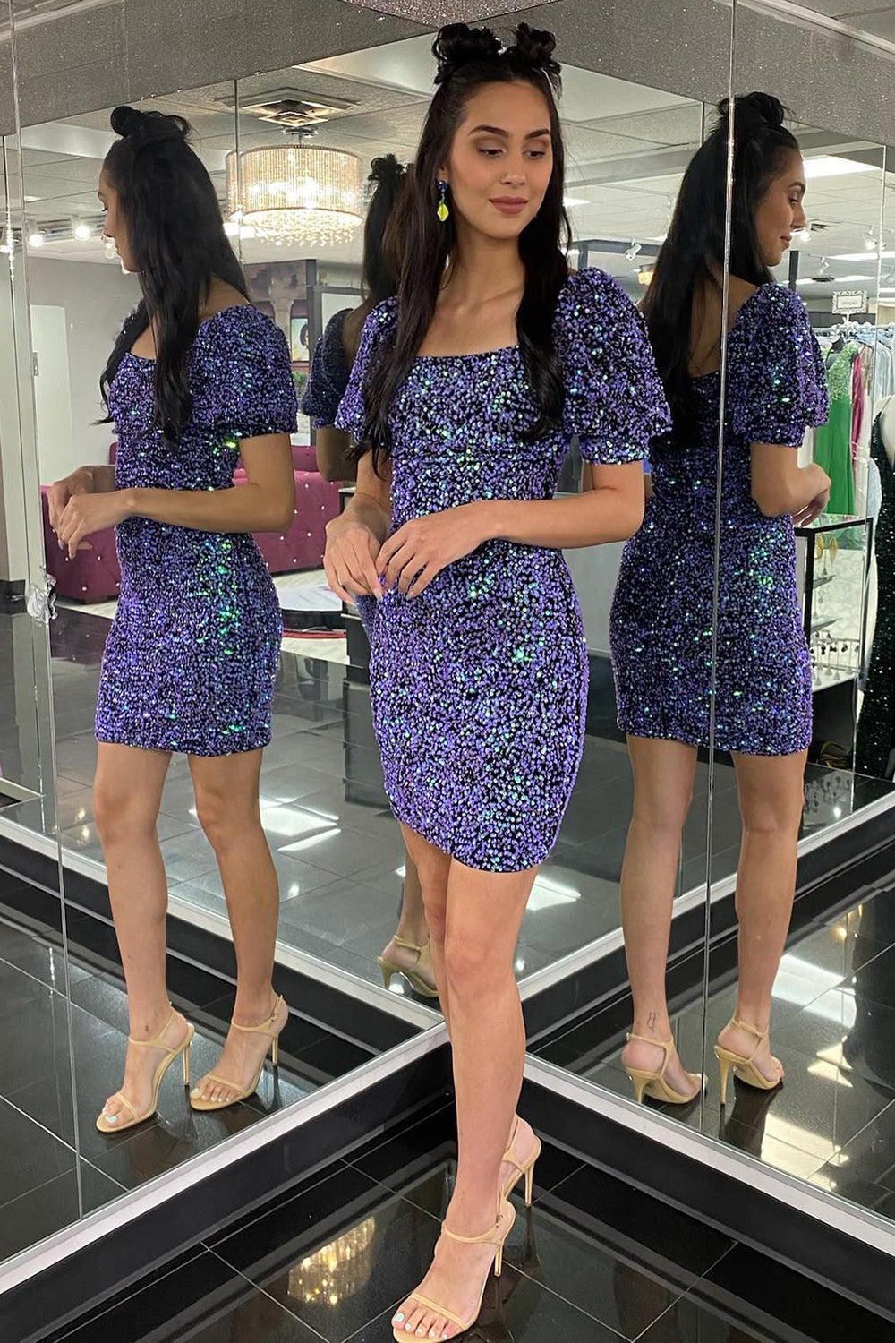 Sparkly Purple Sequins Short Sleeves Tight Homecoming Dress