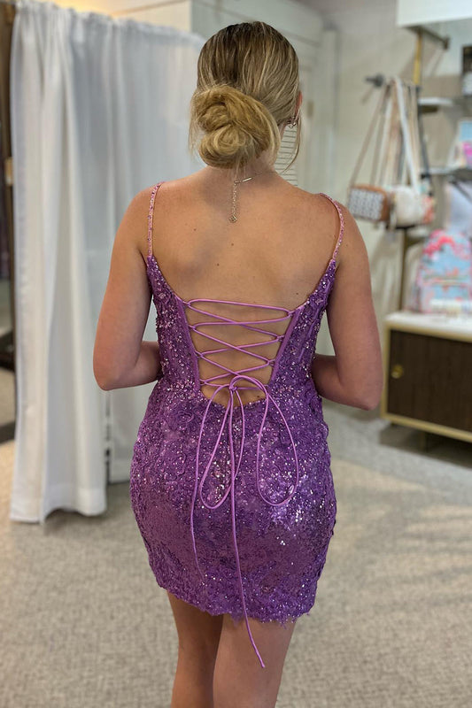 Sparkly Purple Sequin Lace-Up Tight Short Homecoming Dress