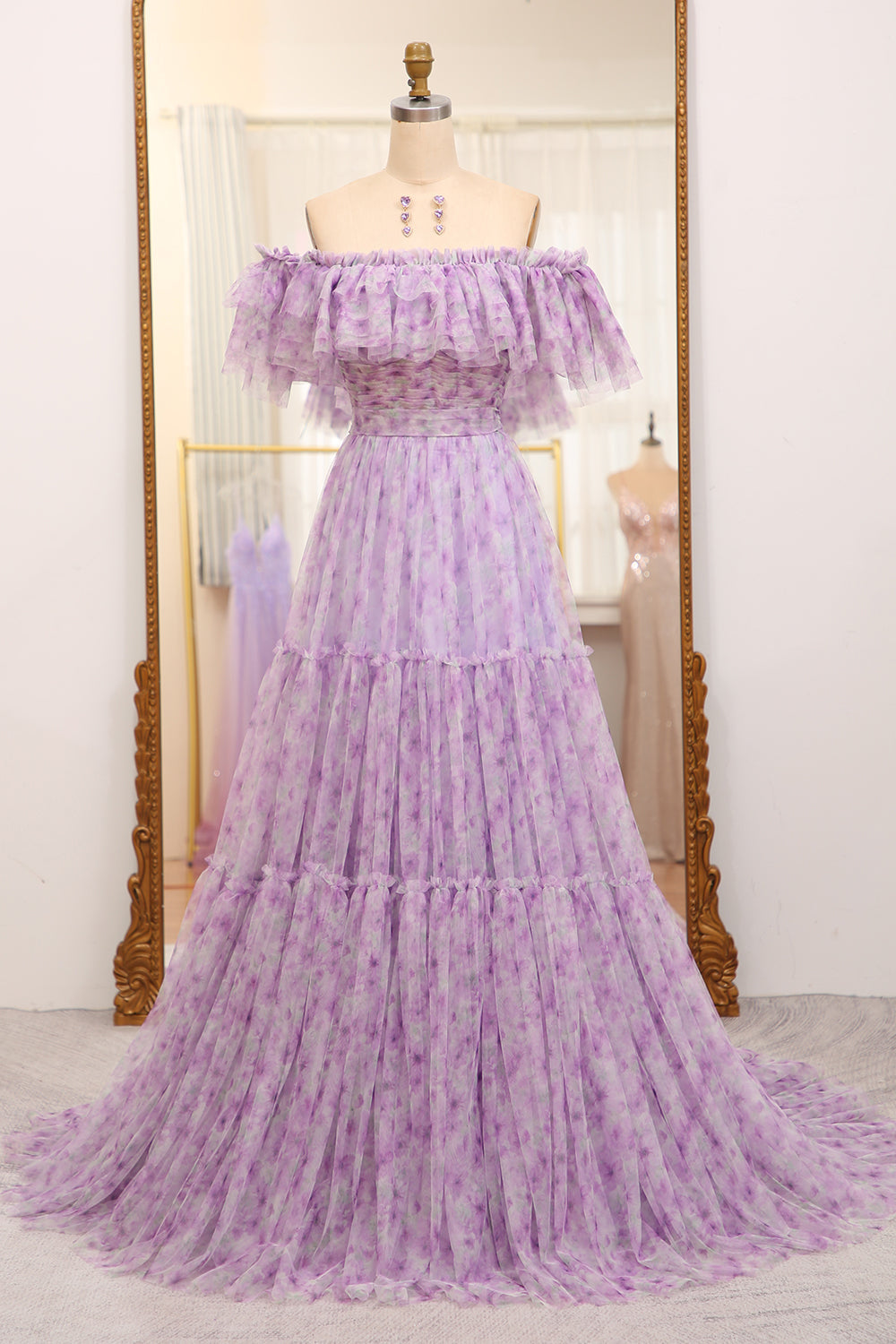 Light Purple Tulle A Line Off the Shoulder Long Prom Dress