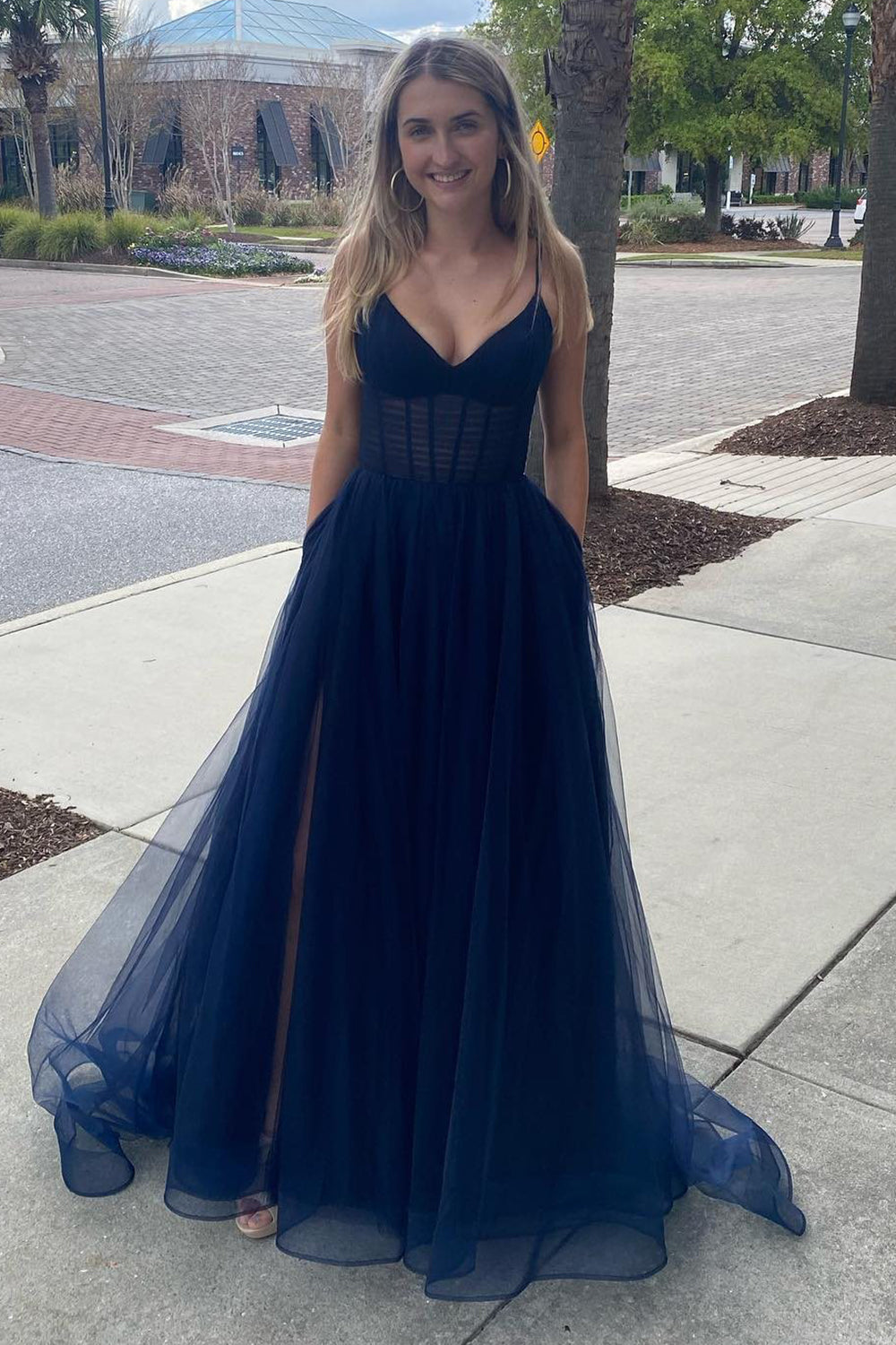 A Line Spaghetti Straps Navy Long Prom Dress