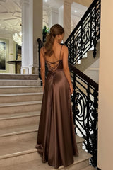 Brown Luxe Silk-Look Long Evening Dress With Fitted Bodice Formal Evening Gown