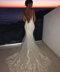 Backless Wedding Dress Lace Mermaid Spaghetti Straps Bridal Dress