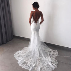 Backless Wedding Dress Lace Mermaid Spaghetti Straps Bridal Dress